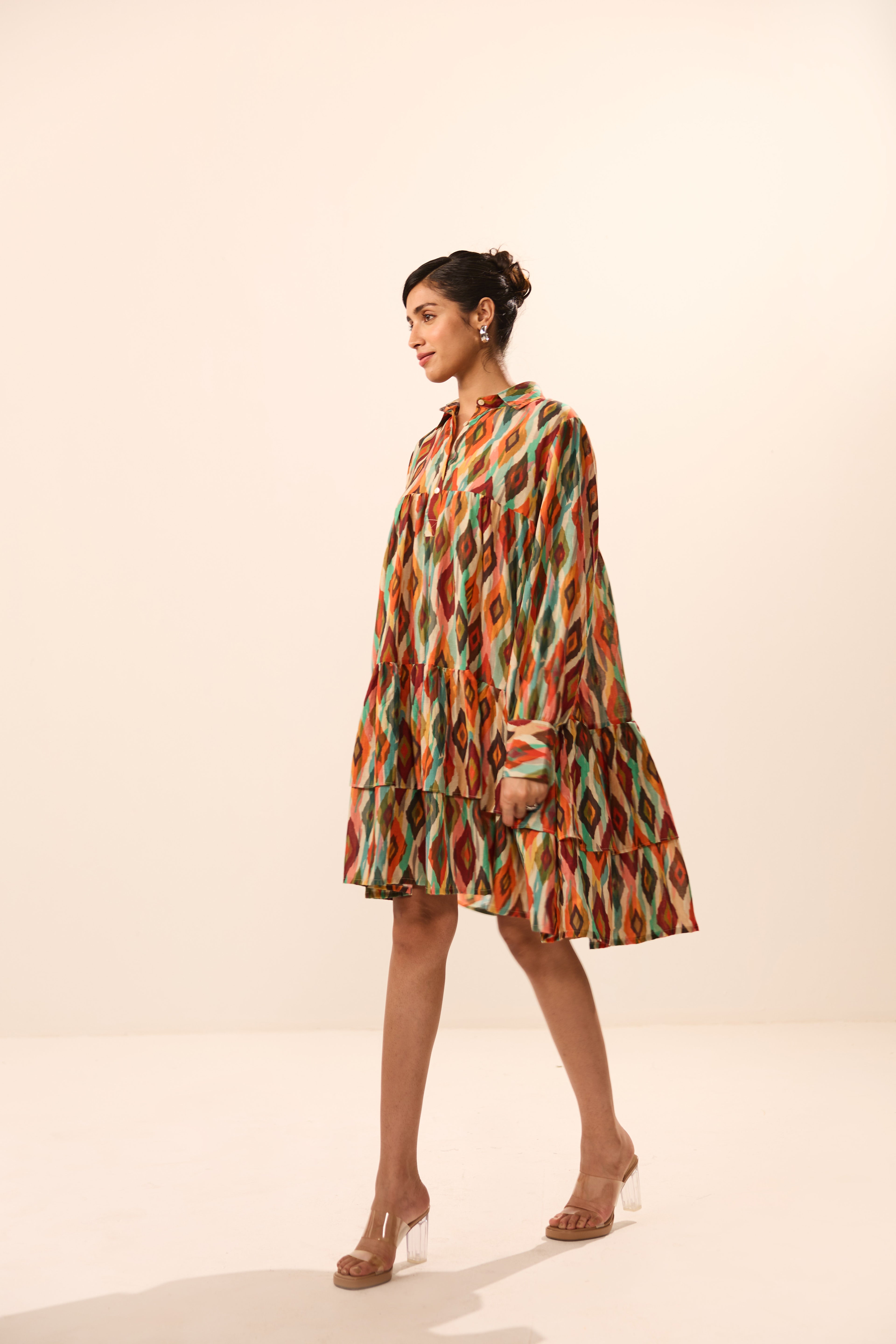 Julia Collar Double Tier Ikat Mini Dress
