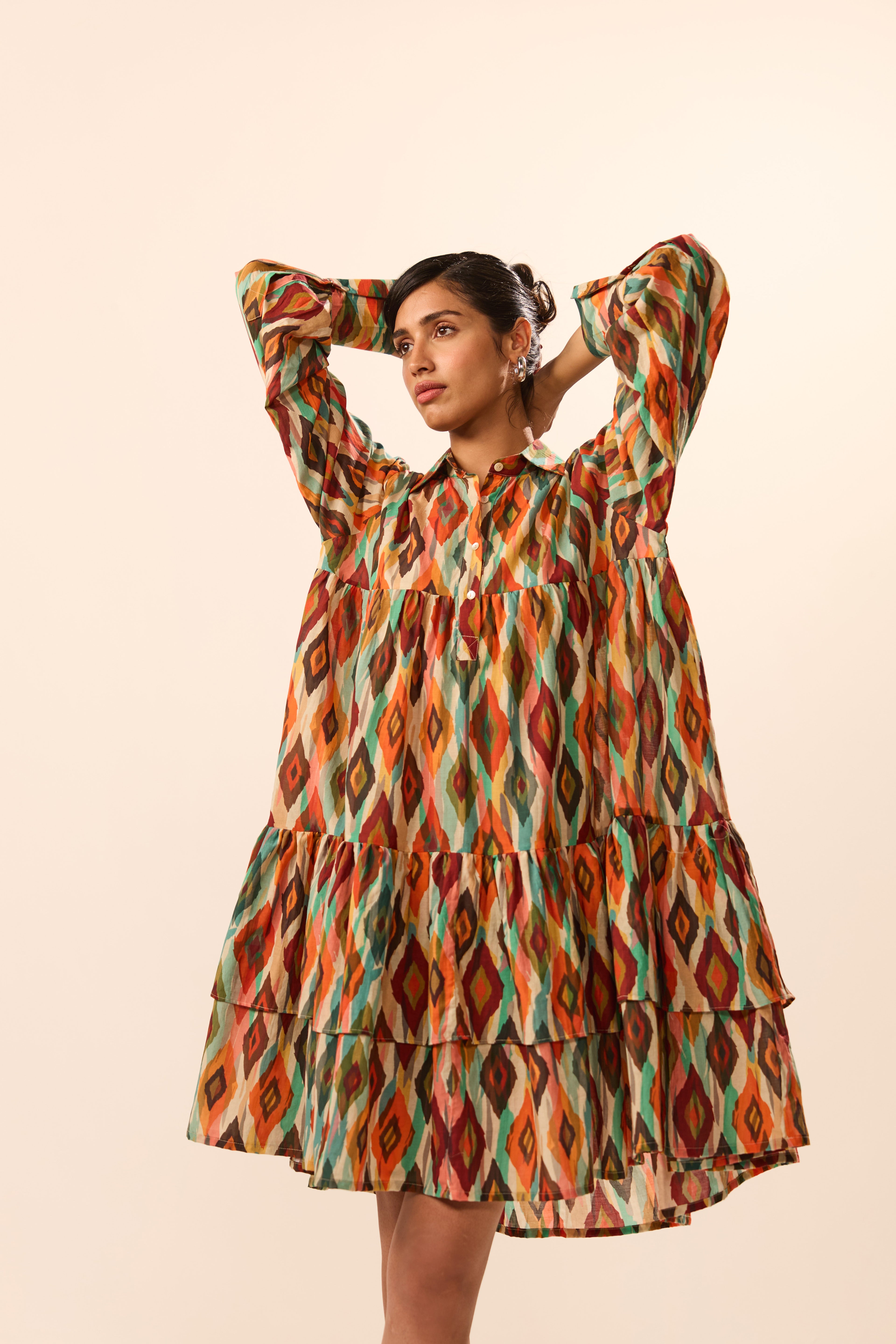 Julia Collar Double Tier Ikat Mini Dress